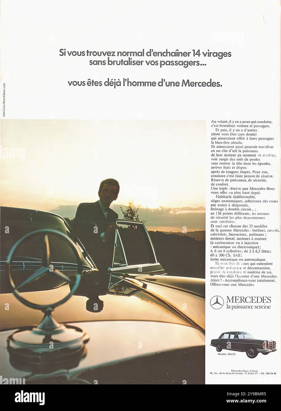 1972 Mercedes 280 SE – Werbung für französische Vintage-Pressekraftwagen Stockfoto