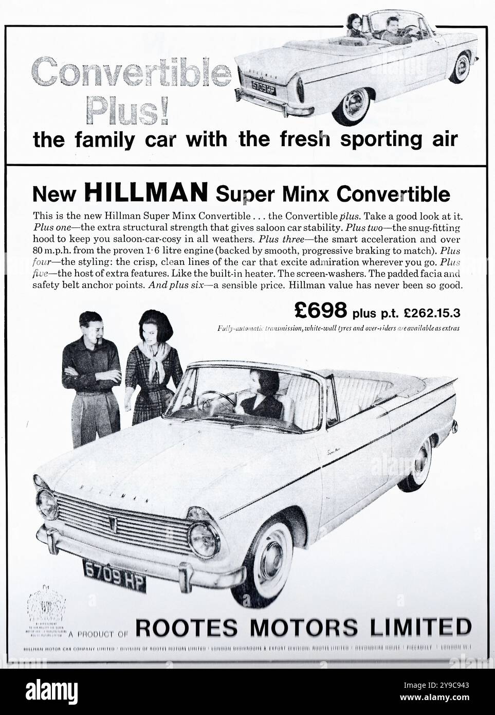 Hillman Super Minx Cabriolet (1962) – Werbung für Vintage-Pressesysteme Stockfoto