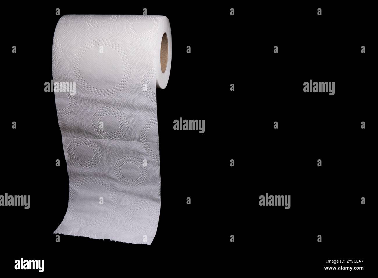 Ein Nahfoto einer weißen Toilettenpapierrolle mit kreisförmigem Design auf dem Papier. Die Rolle wird teilweise abgerollt, wodurch das Design sichtbar wird. Stockfoto