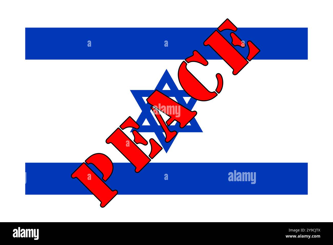 der staat Israel, die israelische Flagge mit dem Stern Davids und dem Wort Frieden, repräsentieren die Hoffnung auf den Waffenstillstand der Kriege. Neutraler Hintergrund, nützlich für die Schule Stockfoto