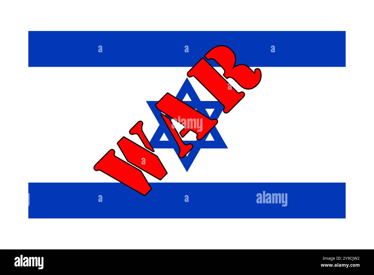 Der Staat Israel, die israelische Flagge, der Stern Davids und das Wort Krieg, leider ist der Waffenstillstand weit entfernt. Neutraler Hintergrund, nützlich für Schule, Veranstaltungen, Stockfoto