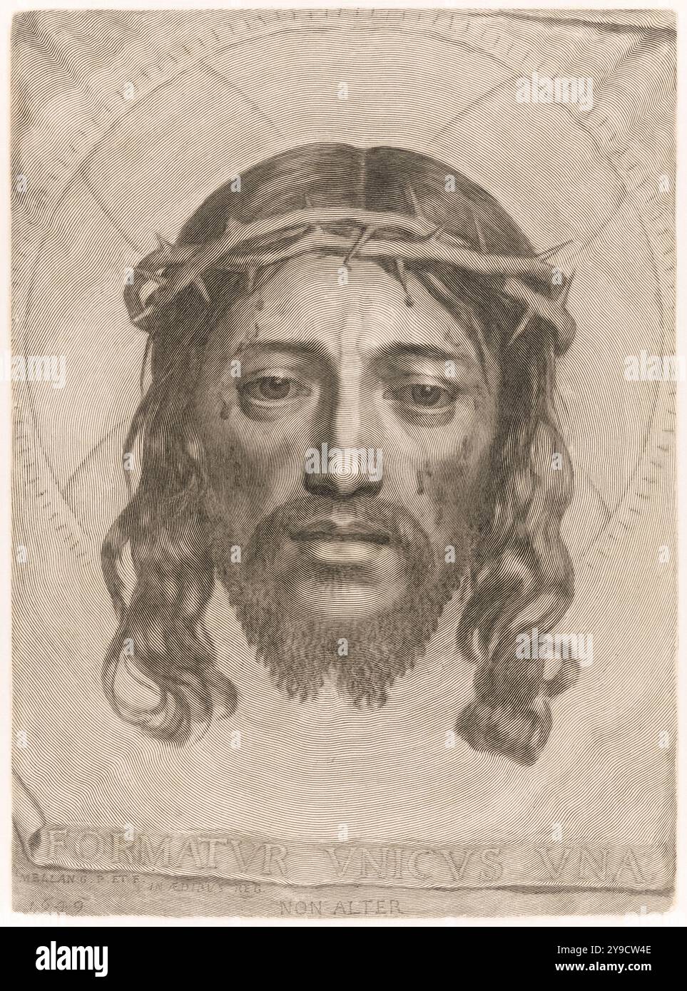 Das Sudarium der Heiligen Veronika, das 1649 vom französischen Kupferstecher Claude Mellan (1598–1688) geschaffen wurde, zeigt das Gesicht Christi auf einem Tuch, mit dem die Heilige Veronika das Gesicht Christi auf dem Weg zu seinem Tod mit einer einzigen, durchgehenden Gravur abwischte. Stockfoto