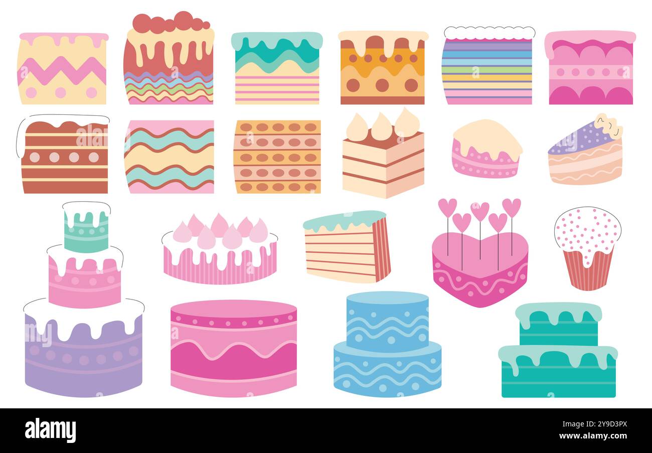 Verschiedene Arten von Kuchen flache Vektorsatz Stock Vektor
