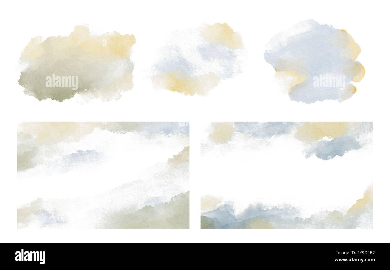Set von Aquarellhintergrund. Sand- und blaue Farben mit Papierstruktur für Karten, Flyer, Poster, Banner. Pinselstriche und Spritzer. Lackiert Stockfoto