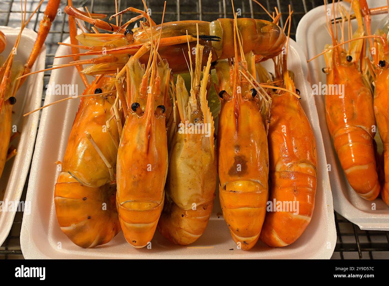 Holzkohle gegrillte Riesengarnelen zum Verkauf an einem thailändischen schwimmenden Marktstand, serviert auf Einweg-Plastiktabletts Stockfoto