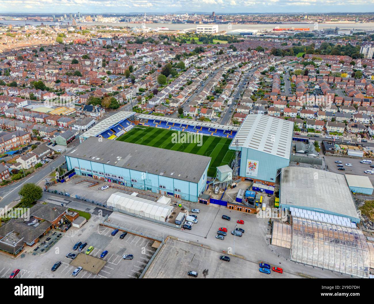 Allgemeine Luftaufnahme über Prenton Park, Tranmere Rovers FC, Birkenhead, England, Vereinigtes Königreich am 3. Oktober 2024 Credit: Every Second Media/Alamy Live News Stockfoto