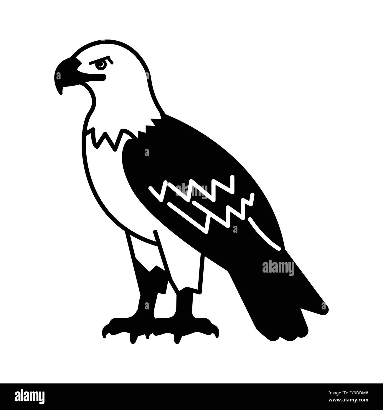 Eine auffällige schwarz-weiße Illustration eines Falken, die seinen wilden Ausdruck und seine elegante Haltung zeigt, perfekt für Naturliebhaber und Vogelliebhaber Stock Vektor