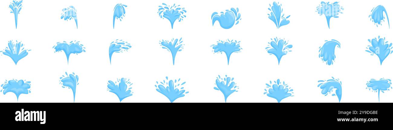 Wasserstrahler-Symbole gesetzt. Zeichentrickabbildungen, die Wasser in verschiedenen Formen nach oben spritzen Stock Vektor