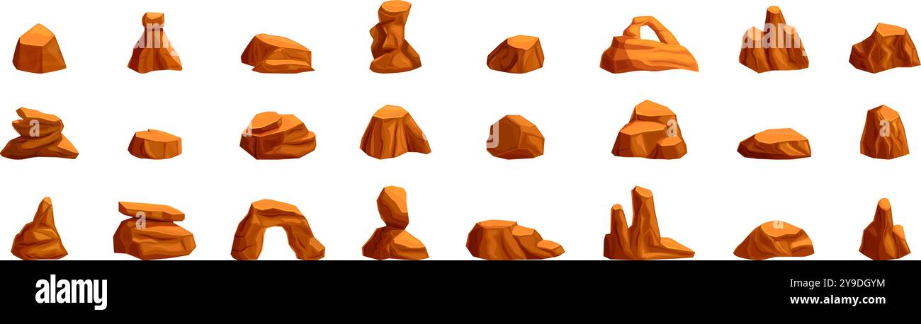 Wüstensteine-Symbole gesetzt. Set aus Gesteinsgesteinen in verschiedenen Formen, die wunderschöne Elemente des natürlichen Landschaftsdesigns schaffen Stock Vektor