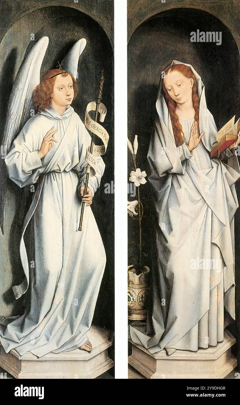 MEMLING, Hans (* ca. 1440, Seligenstadt, d. 1494, Brügge) Verkündigung 1467-70 Öl auf Tafeln. Je 83,3 x 26,5 cm Groeninge Museum, Brügge die Verkündigung, eine als Tableau vivant ausgeführte Grisaille, veranschaulicht den frühen Stil des Künstlers (um 1467–70), der noch stark an Van der Weyden erinnerte. Die Paneele bildeten ursprünglich die Rückseite eines Paar Triptychon-Flügel, die entfernt und von den Gemälden auf der Vorderseite getrennt wurden. Der ursprüngliche Altar zeigte die Kreuzigung und wurde wahrscheinlich von Jan Crabbe, dem sechsundzwanzigsten Abt der Abtei der Dünen in Koksijde, in Auftrag gegeben. Stockfoto