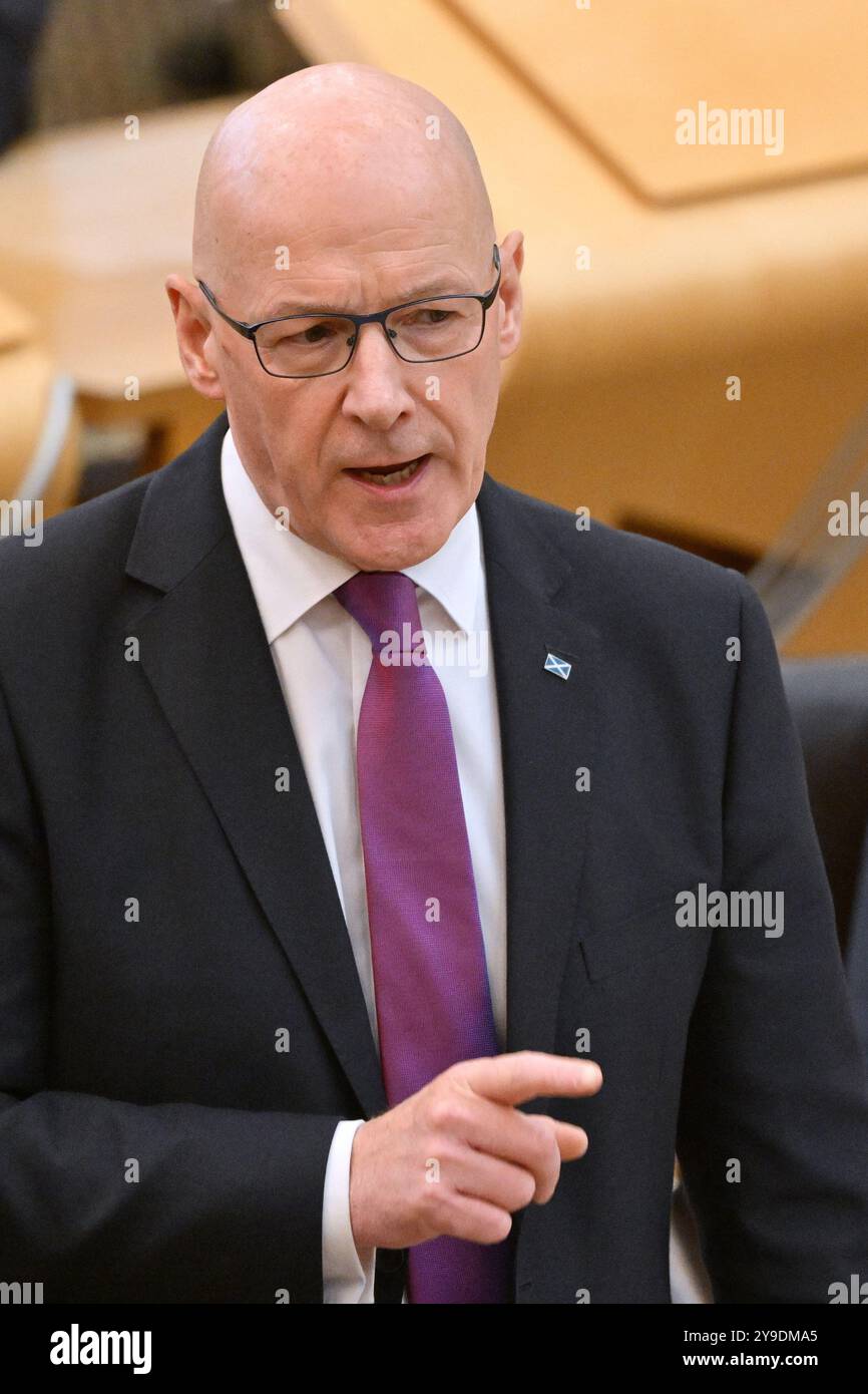 Edinburgh Schottland, Vereinigtes Königreich 10. Oktober 2024. Erster Minister John Swinney im schottischen Parlament für erste Ministerfragen. Credit sst/alamy Live News Stockfoto Edinburgh Schottland, Vereinigtes Königreich 10. Oktober 2024. Erster Minister John Swinney im schottischen Parlament für erste Ministerfragen. Credit sst/alamy Live News Stockfoto