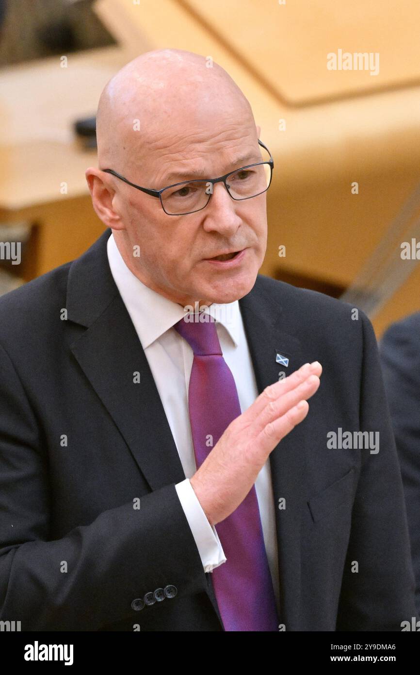 Edinburgh Schottland, Vereinigtes Königreich 10. Oktober 2024. Erster Minister John Swinney im schottischen Parlament für erste Ministerfragen. Credit sst/alamy Live News Stockfoto Edinburgh Schottland, Vereinigtes Königreich 10. Oktober 2024. Erster Minister John Swinney im schottischen Parlament für erste Ministerfragen. Credit sst/alamy Live News Stockfoto