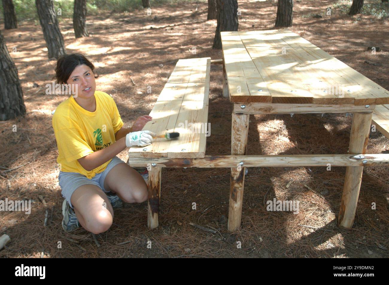 - Arbeitslager des Umweltverbandes Legambiente für Strand- und Kiefernholzbewirtschaftung in der Gemeinde Eboli...- campo di lavoro dell'associazione ambientalista Legambiente per la gestione di spiaggia e pineta nel comune di Eboli. Stockfoto