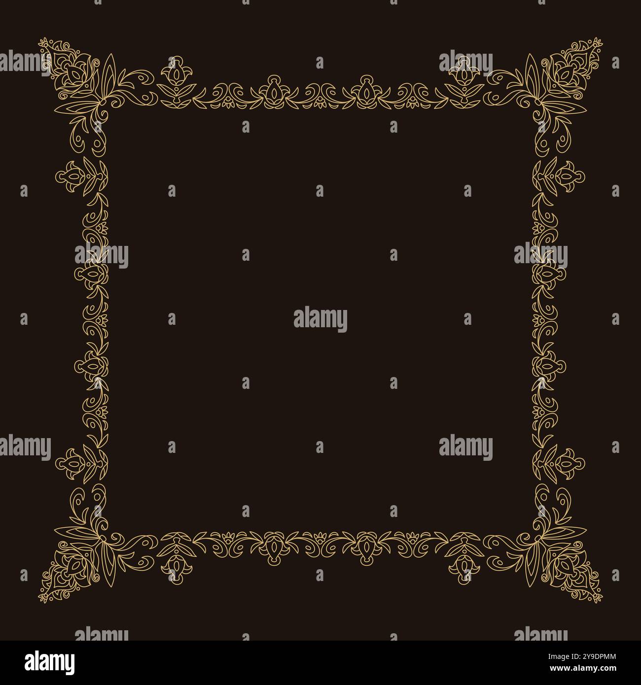 Handgezeichneter Rahmen mit Blumenmuster in Vintage-Gold auf schwarzem Hintergrund. Stock Vektor