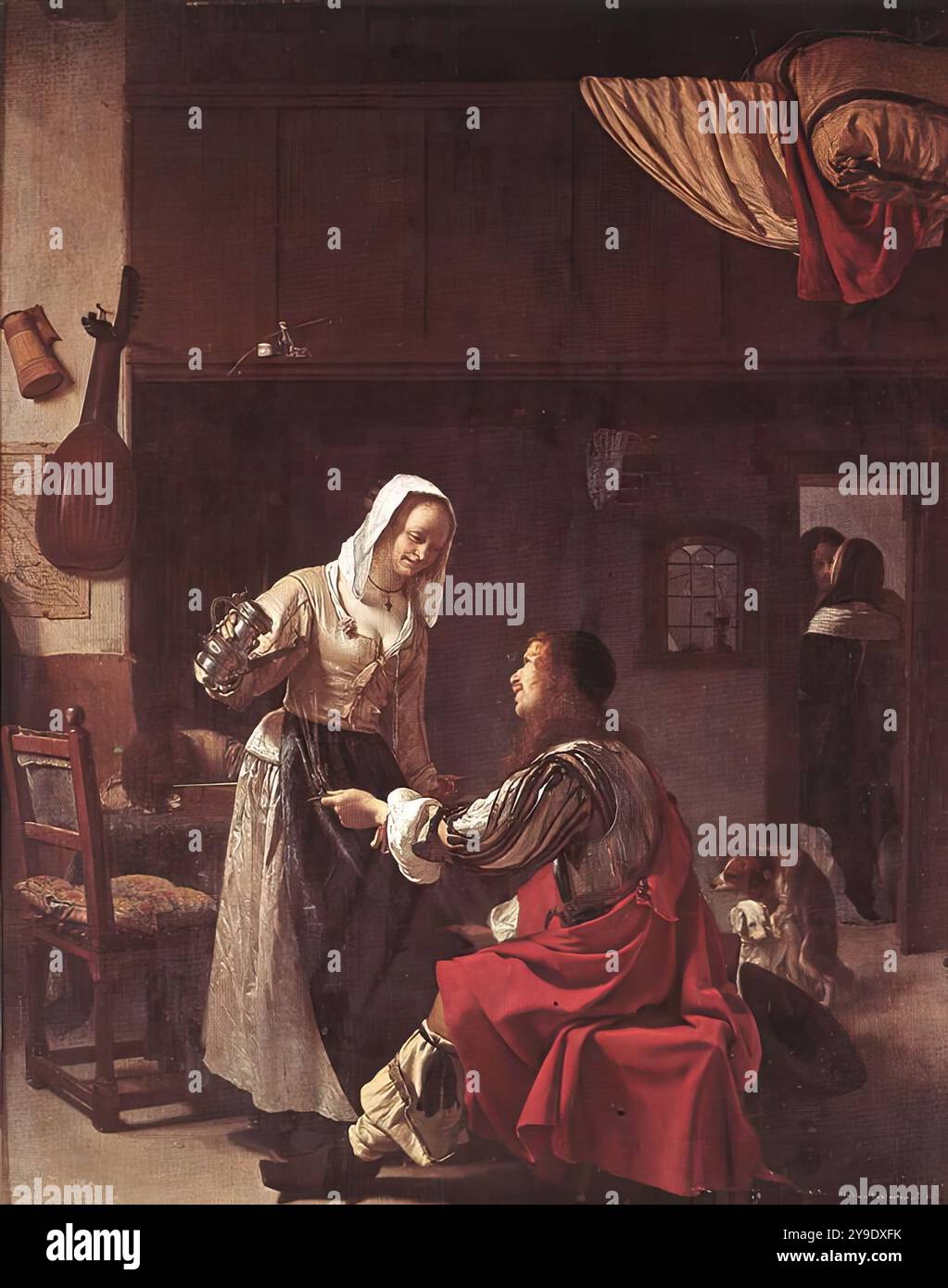 MIERIS, Frans van, der ältere (* 1635, Leiden, d. 1681, Leiden) Bordellszene 1658 Öl auf Tafel, 43 x 33 cm Mauritshuis, den Haag im Gegensatz zu einem Historienbild bezieht sich ein Genrebild nicht generell auf einen geschriebenen Text. Sie steht in Bezug auf die populäre, oft grobe und vereinfachende metaphorische Interpretation der Welt. Genrebilder haben daher eine andere Struktur als die Historienmalerei, und diese Struktur ist eines ihrer Hauptmerkmale. Ein Historienbild veranschaulicht meist den entscheidenden Moment der historischen Erzählung, auf die es sich bezieht. Für eine Genremalerei jedoch Stockfoto MIERIS, Frans van, der ältere (* 1635, Leiden, d. 1681, Leiden) Bordellszene 1658 Öl auf Tafel, 43 x 33 cm Mauritshuis, den Haag im Gegensatz zu einem Historienbild bezieht sich ein Genrebild nicht generell auf einen geschriebenen Text. Sie steht in Bezug auf die populäre, oft grobe und vereinfachende metaphorische Interpretation der Welt. Genrebilder haben daher eine andere Struktur als die Historienmalerei, und diese Struktur ist eines ihrer Hauptmerkmale. Ein Historienbild veranschaulicht meist den entscheidenden Moment der historischen Erzählung, auf die es sich bezieht. Für eine Genremalerei jedoch Stockfoto