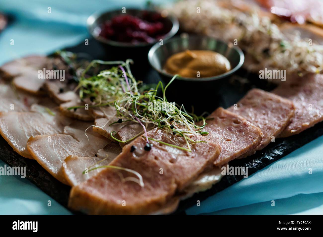 Exquisite Gourmet-Charcuterie-Pension mit delikaten Fleischgerichten und Beilagen. Stockfoto
