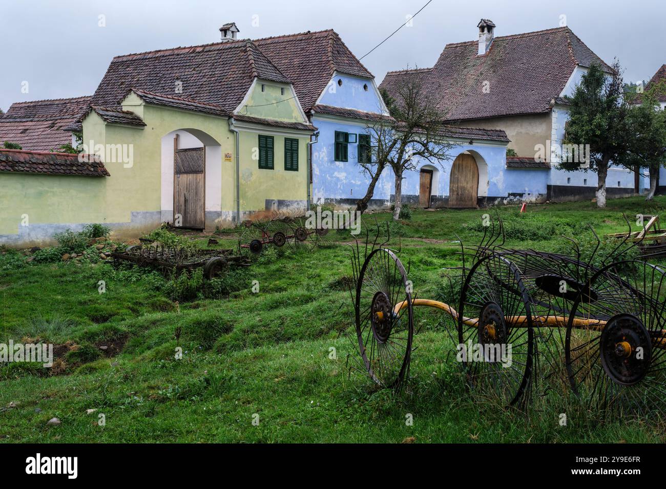 Landwirtschaftliche Ausrüstung und typisch rumänische Dorfhäuser, Viscri, Siebenbürgen, Rumänien Stockfoto