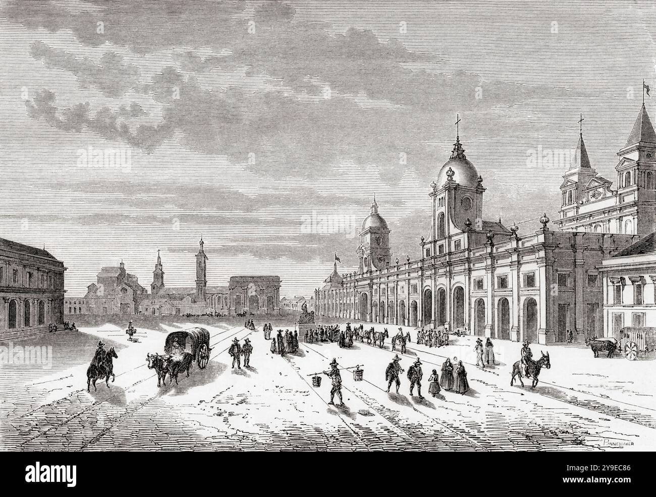 Plaza de Armas de Santiago, Chile, gesehen während der Reise 1823 von Giovanni Mastai Ferretti, alias Papst Pius IX. Aus Le Tour du Monde, Paris, 1860 1824. Stockfoto