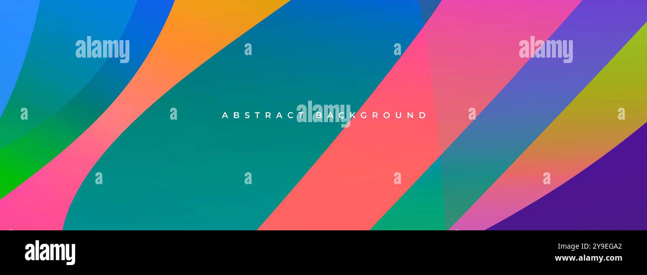 Abstraktes, modernes, breites Banner mit leuchtenden, wellenförmigen Farben. Farbenfroher abstrakter Hintergrund mit zufälligen geometrischen Wellenobjekten. Vektorabbildung Stock Vektor