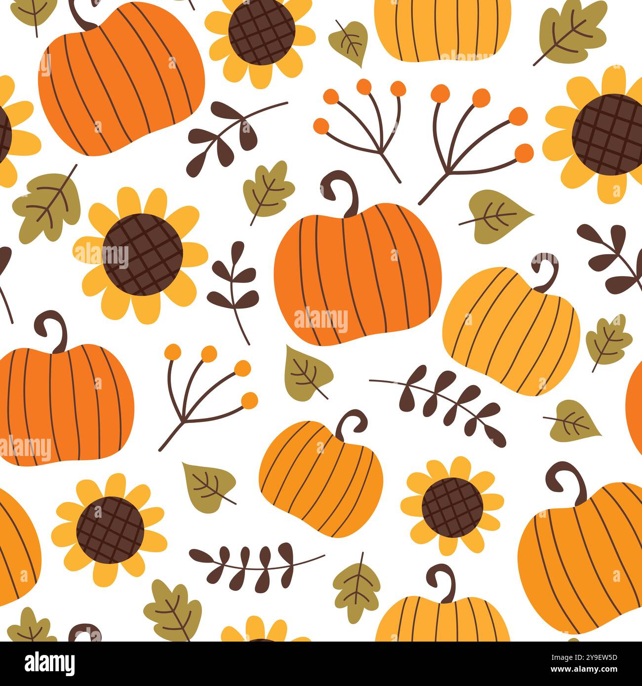 Nahtloses Herbstmuster. Hintergrund mit Kürbissen, Sonnenblumen und Herbstblättern. Thanksgiving Tag Vektor Illustration. Stock Vektor