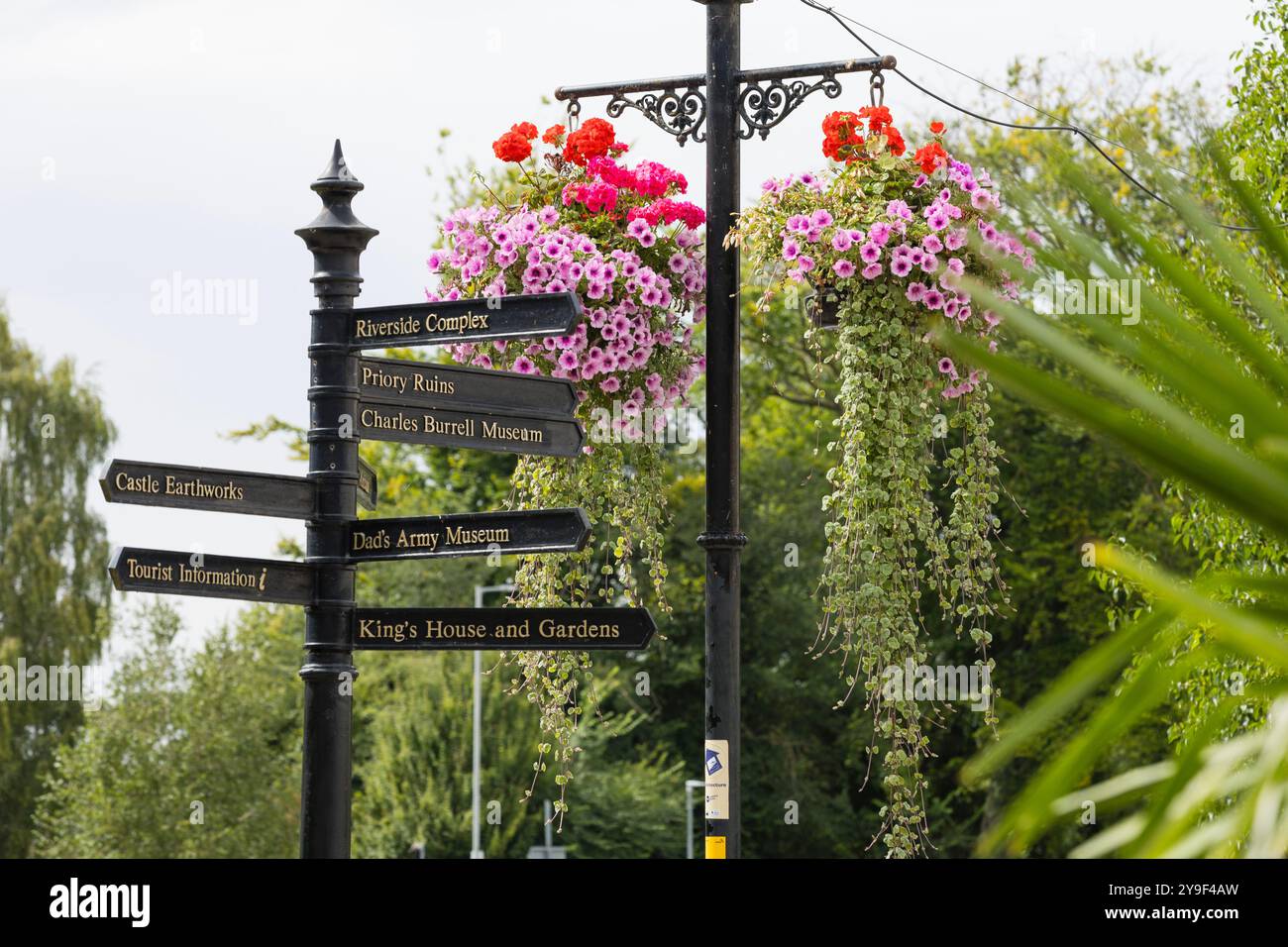 Blumen, hängende Körbe und Fußgängerschilder in Riverside, Thetford, Norfolk, Großbritannien Stockfoto