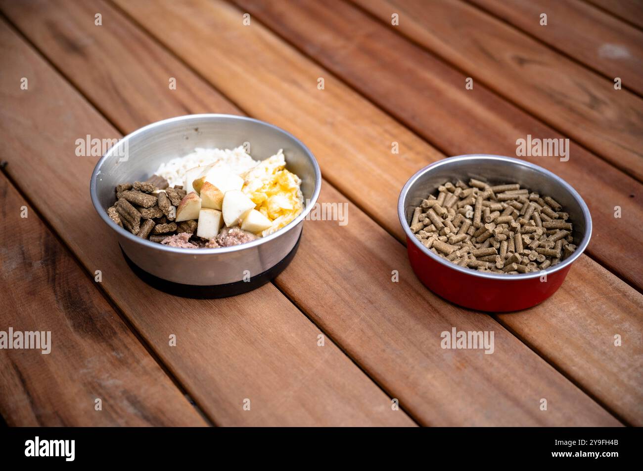 Vergleich zwischen einem gesunden, selbst gekochten Essen für einen Hund oder eine Katze und kaufte Trockentrockenfutter - zwei Schüsseln Hundefutter auf Holzbrettern. Stockfoto