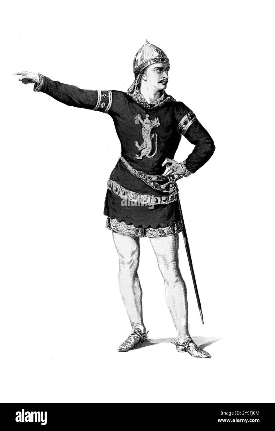 El Cid. Kostüm für Don Rodrigue oder Le Cid im Stück „Le Cid“, Stich aus dem 19. Jahrhundert von Geffroy, Edmond Aime Florentin. Rodrigo Díaz de Vivar (ca. 1043–1099), bekannt als El Cid, war ein kastilischer Ritter und Herrscher im mittelalterlichen Spanien. Stockfoto