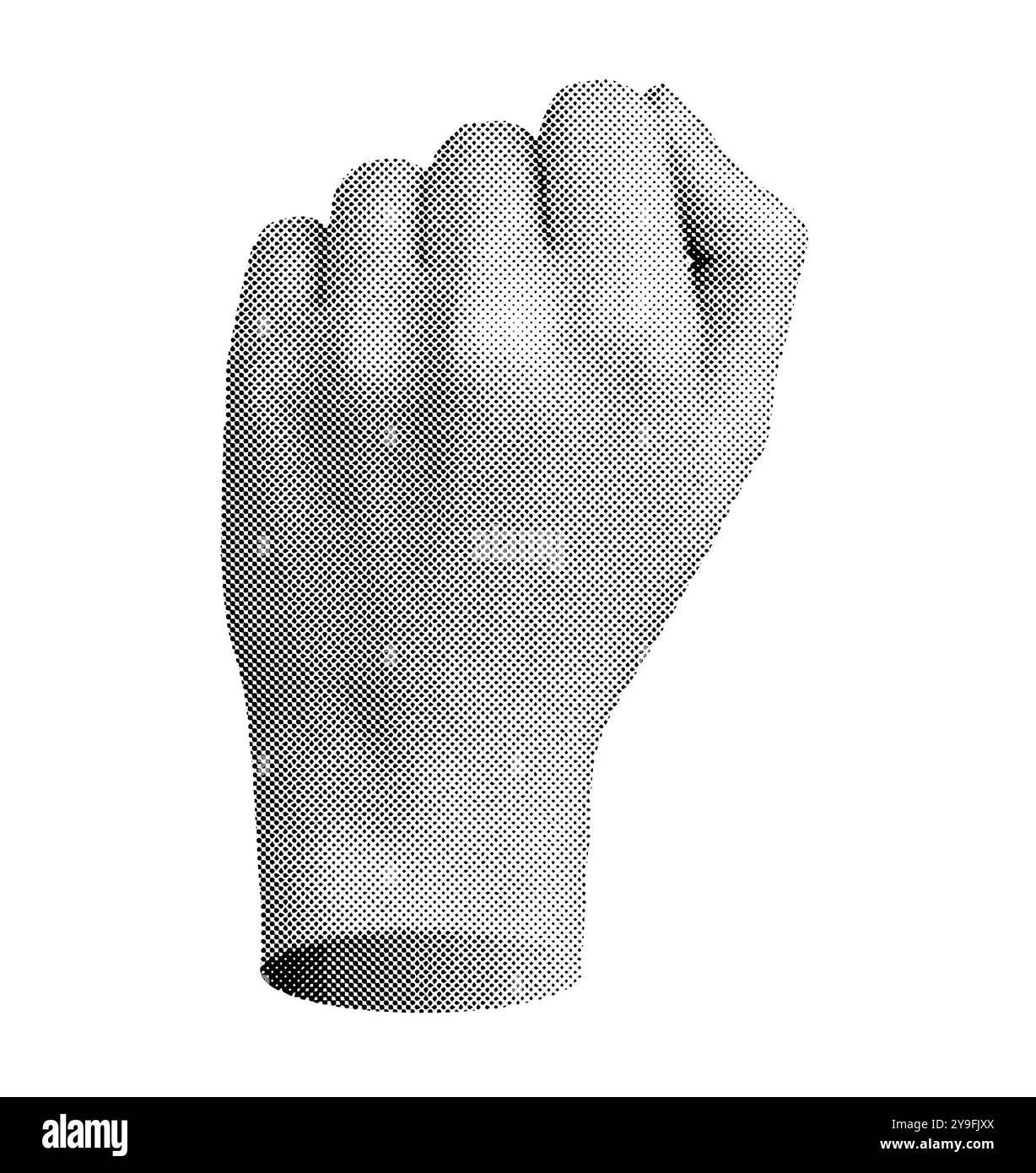 Faustzeichen, geballte Finger, Handgeste, Rückseite. Halbtonpapier, gepunkteter Vektor isoliert auf weißem Hintergrund. Stock Vektor