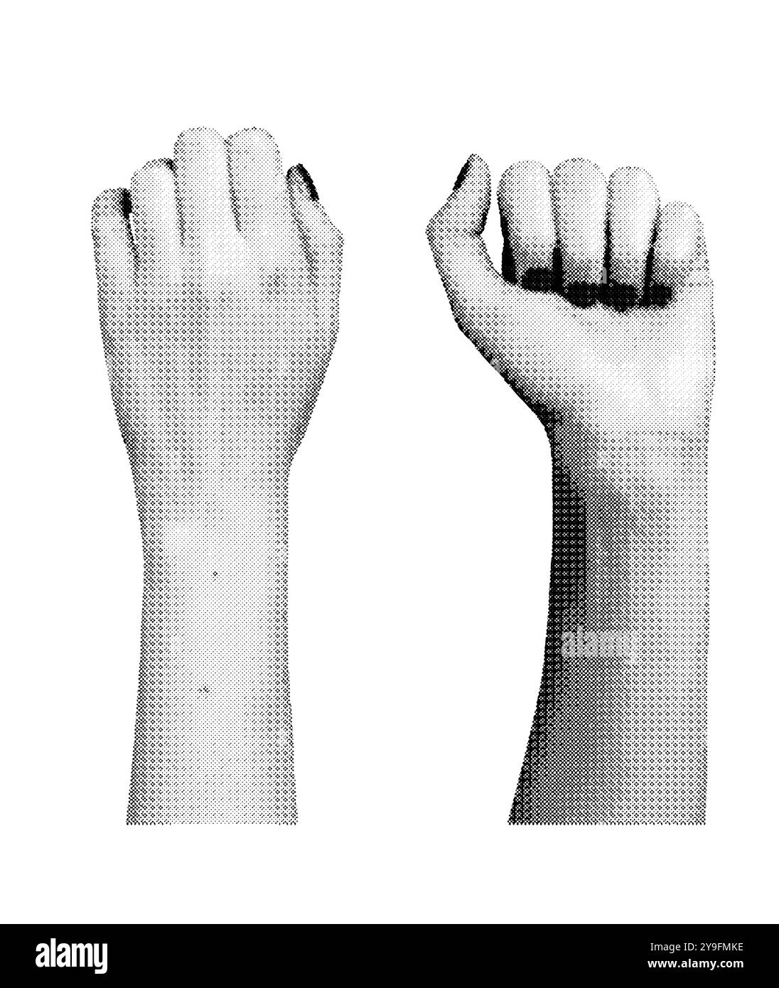 Handgeste, geballte Finger, Rückseite und Vorderseite. Strukturierter Rastervektor isoliert auf weißem Hintergrund. Stock Vektor