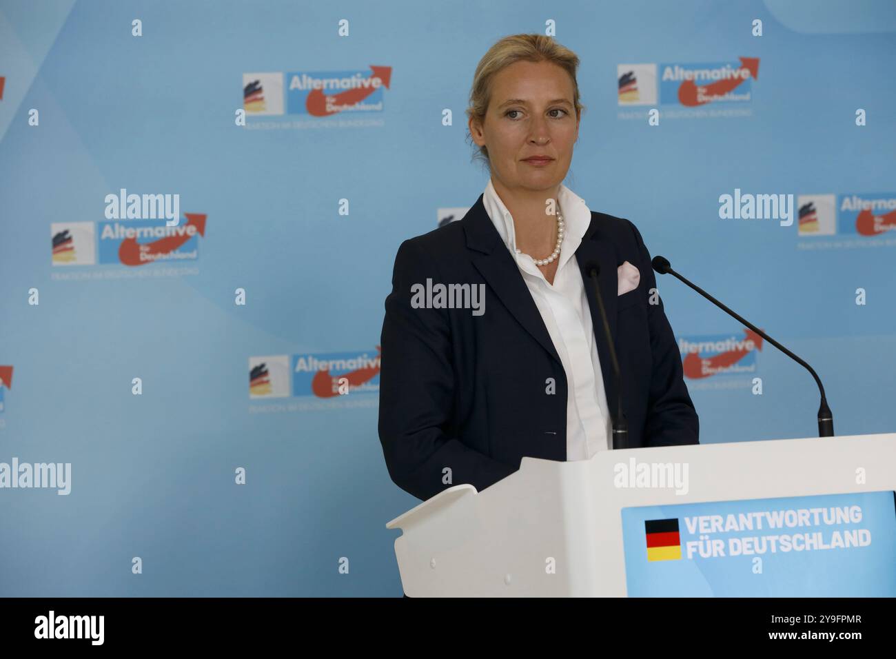 Berlin, Deutschland, 8. Oktober 2024. Dr. Alice Weidel, Vorsitzende der AfD-Fraktion, während einer Pressemitteilung vor einer Fraktion. Stockfoto