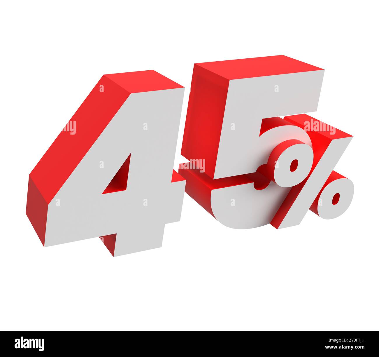 45 % Stelle. 3D-Zahl in einer leichten Seitenperspektive. Weiß und rot. Transparenter Hintergrund Stockfoto