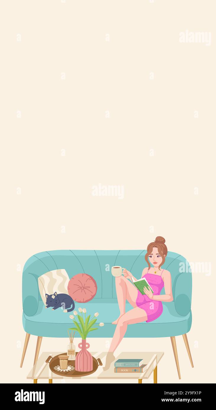 Frau liest ein Buch auf einem gemütlichen Sofa in einem Wohnzimmer mit einer Katze, was eine entspannte Atmosphäre schafft Stock Vektor