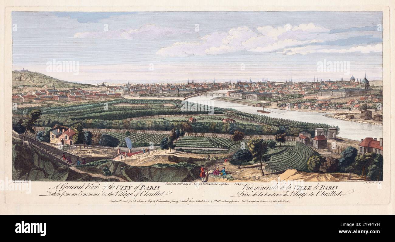 Eine allgemeine Ansicht der Stadt Paris, aus einer Eminenz im Dorf Chaillot Kupferstich Aquarell von Robert Sayer, Kunstkunstwerk Illustration historische Perspektive Antik Druck 1749 Stockfoto