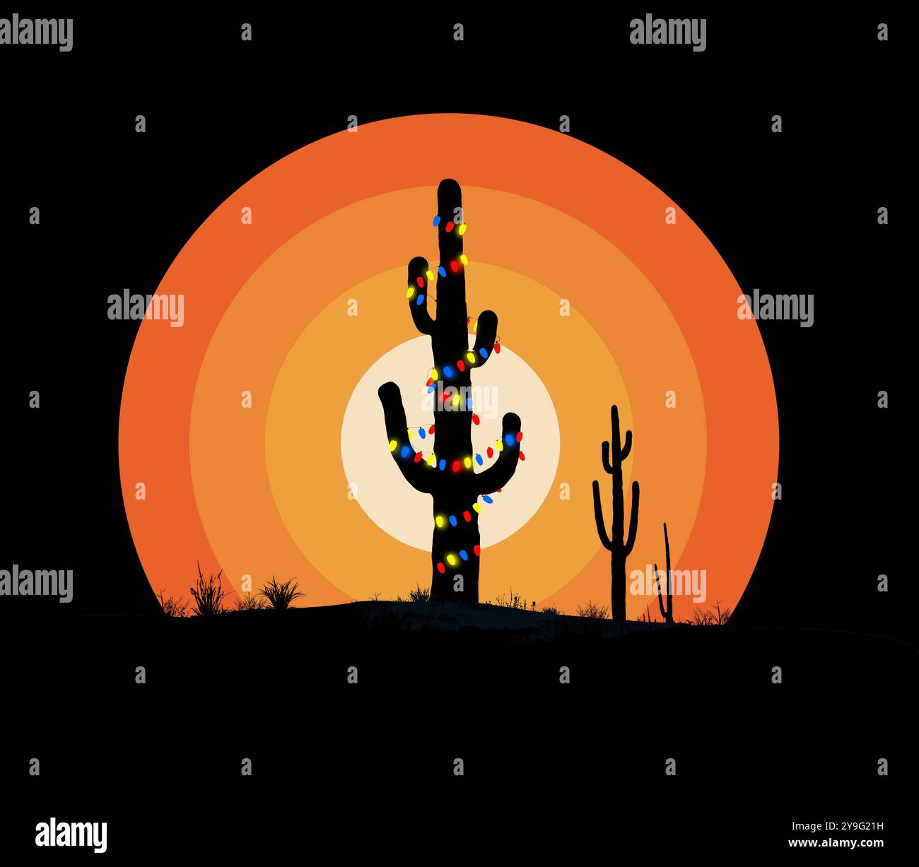 Ein saguaro-Kaktus in der Wüste ist wie ein Weihnachtsbaum in einer 3-d-Illustration über die Feier der Weihnachtsfeiertage in den westlichen USA geschmückt. Der sce Stockfoto