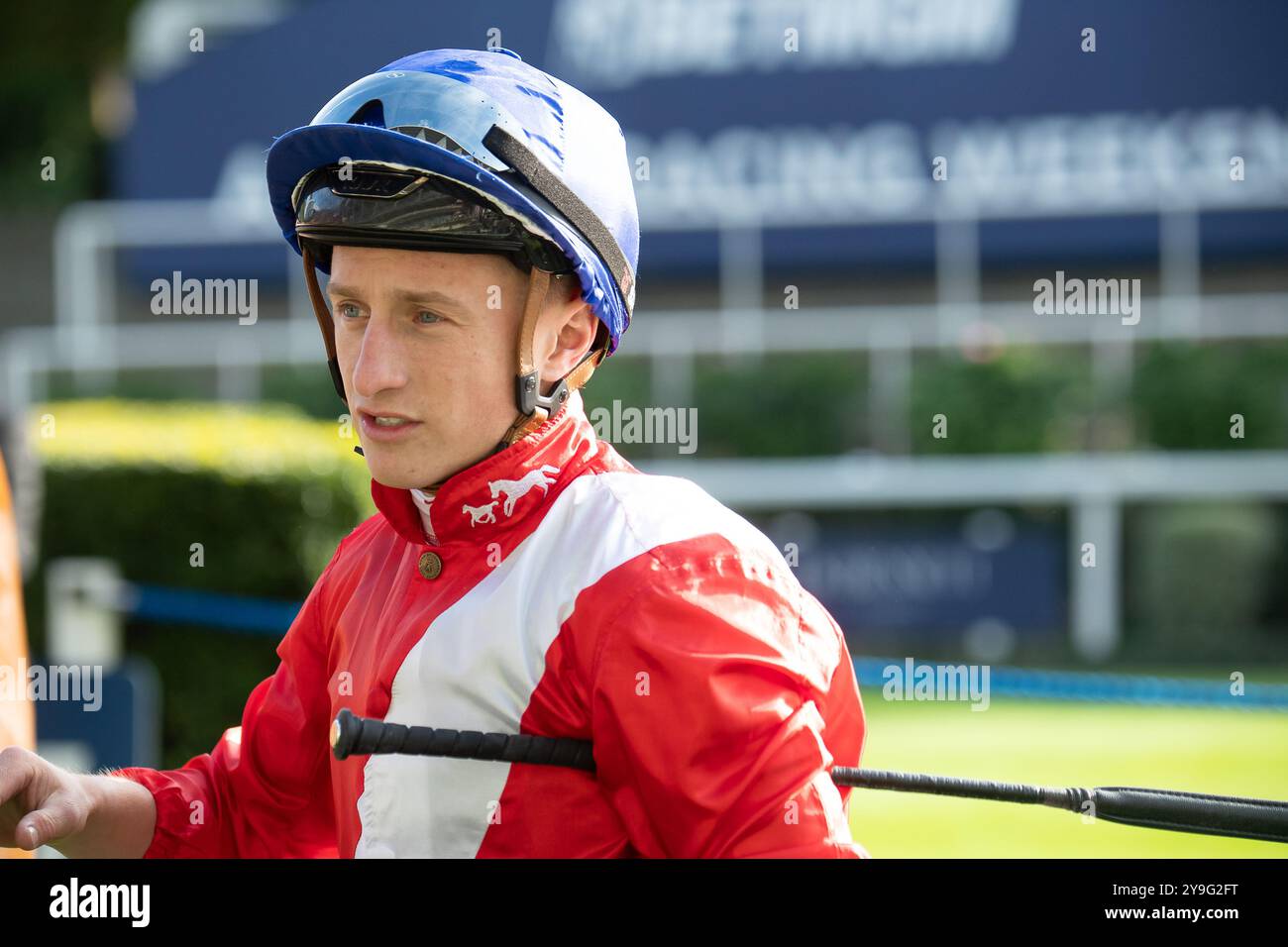 Ascot, Berkshire, Großbritannien. Oktober 2024. Jockey Tom Marquand, nachdem er beim BetMGM Autumn Friday Raceday den BetMGM Novice Stakes (Klasse 3) (GBB Race) auf dem Pferd RUSSIAN CRESCENDO auf der Ascot Racecourse in Berkshire gewonnen hatte. Besitzer Cheveley Park Stud, Trainer William Haggas, Newmarket, Züchter und Sponsor Cheveley Park Stud Limited. Kredit: Maureen McLean/Alamy Stockfoto