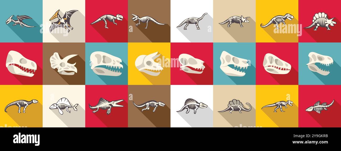 Dinosaurier Skelett Symbole gesetzt. Dinosaurier Skelette und Schädel Ikonen mit vielen prähistorischen Tieren wie dem tyrannosaurus rex und dem triceratops Stock Vektor
