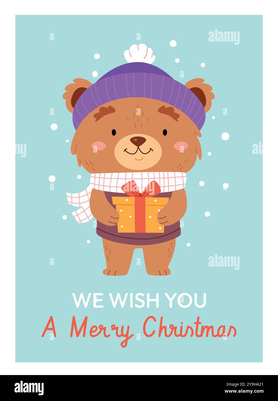 Neujahrsposter oder -Karte. Bär mit einem Geschenk. Schnee. Niedlicher Bär mit Mütze und Schal, der Geschenk hält. Stock Vektor