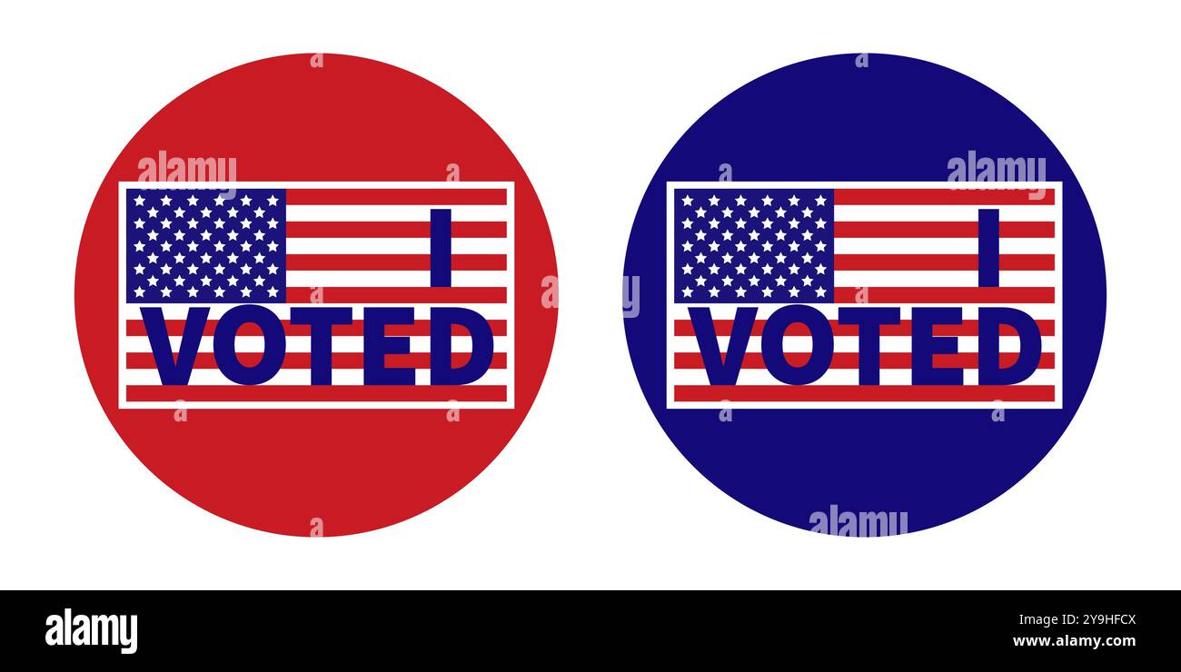 Zwei kreisförmige Abzeichen mit amerikanischen Flaggen, die die Teilnahme an den Wahlen in den USA symbolisieren. Es kann für Wahlkampagnen, Wahlbewusstsein, Stock Vektor