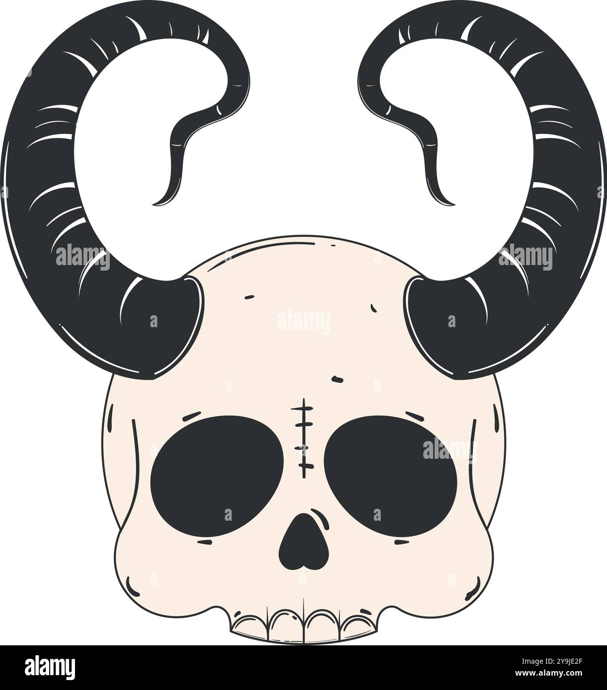 Schädel mit großen gebogenen Hörnern in Schwarz-weiß, Vektor Stock Vektor