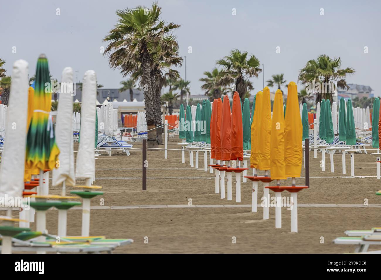 Bagni Lungomare, Chioggia. Badestrand an der Adria bei schlechtem Wetter. Alle Liegestühle sind kostenlos. Chioggia, Veneto, Italien, Europa Stockfoto