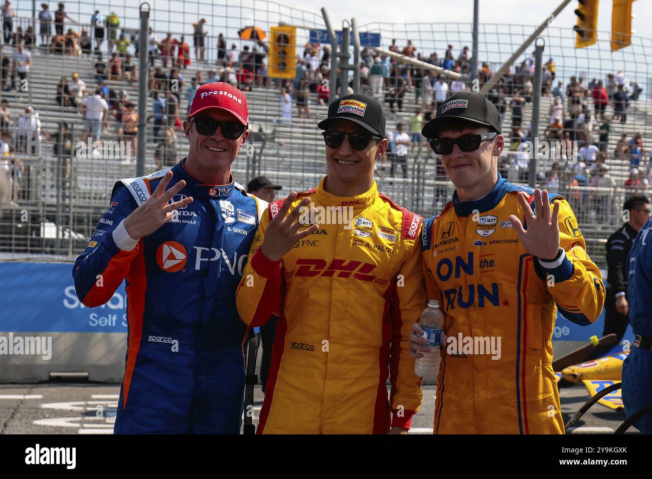 Der Fahrer DER NTT INDYCAR-SERIE SCOTT DIXON (9) aus Auckland, Neuseeland, feiert, als er für die Ontario Honda Dealers Indy Toronto AT den dritten Platz belegt Stockfoto