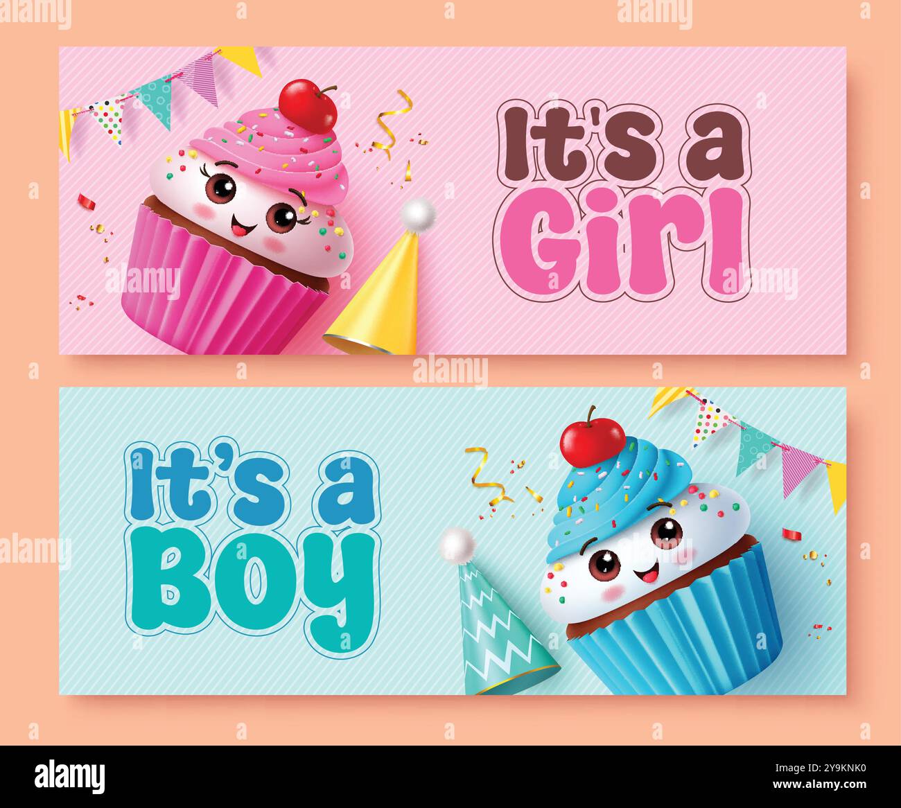 Geburtstagseinladung Vektor Banner Set Design. Mädchen und Jungen Babydusche Geschlecht zeigen Überraschungsparty mit Erdbeeren- und Blaubeeren-Cupcake Stock Vektor