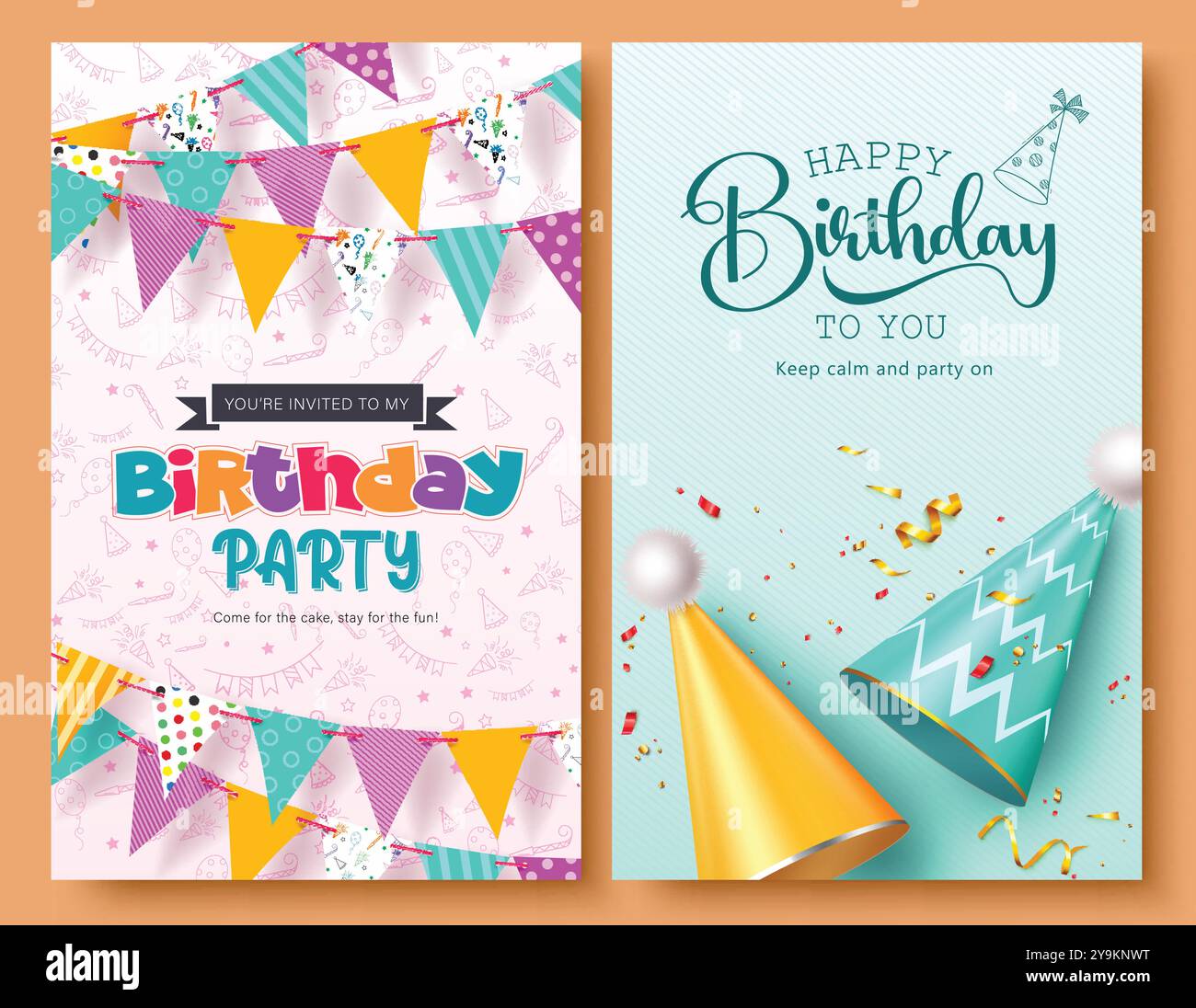 Geburtstagsparty Einladung Vektor Poster Set Design. Grußtext zum Geburtstag mit Streamern, Bannern und Dekorationselementen für Partyhut in Pink Stock Vektor