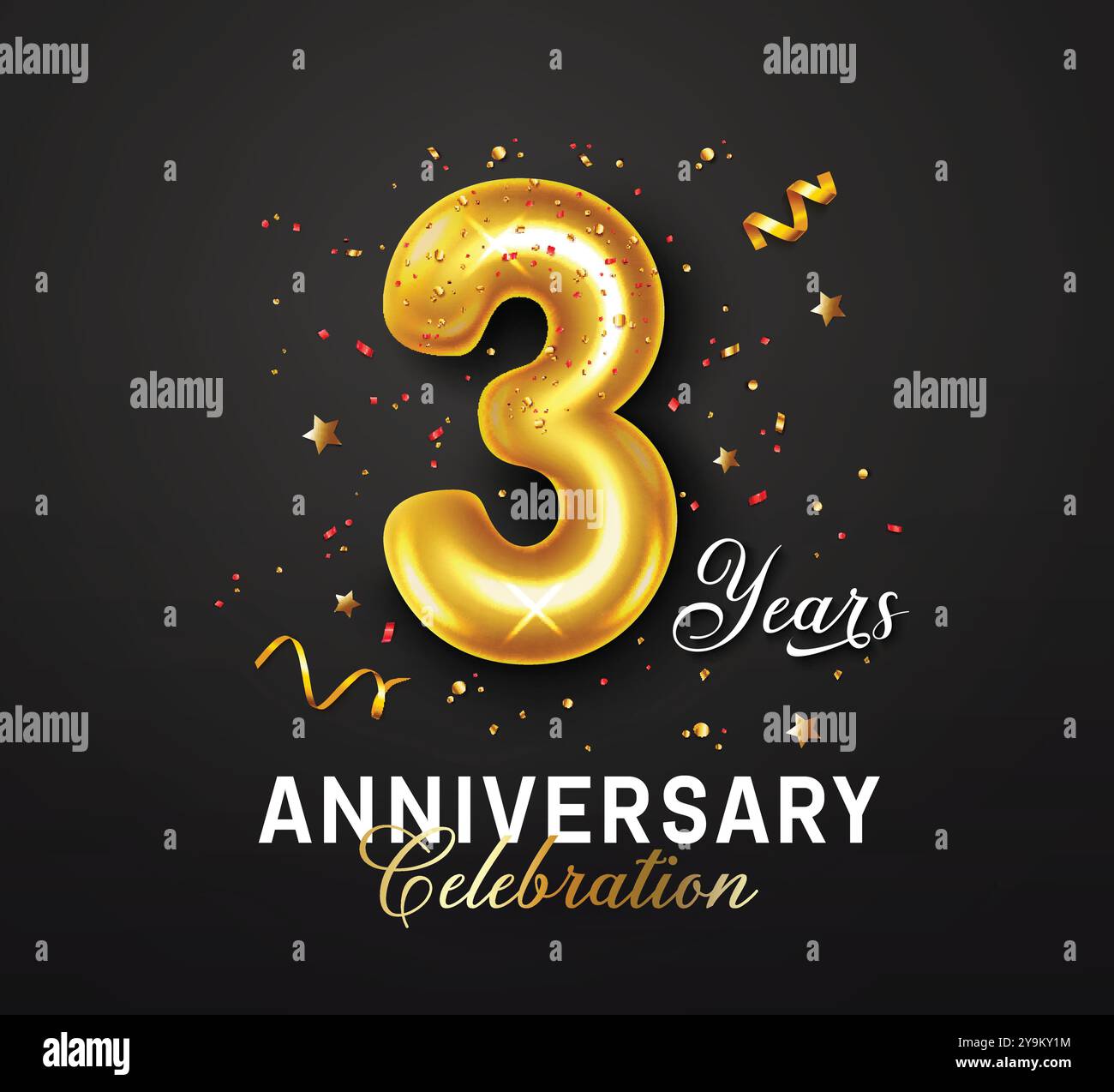 Vektordesign zum 3. Jahrestag. Happy Jubiläum Gruß mit goldglänzenden Nummer 3 Ballon und Konfetti-Elementen in Schwarz elegant Stock Vektor