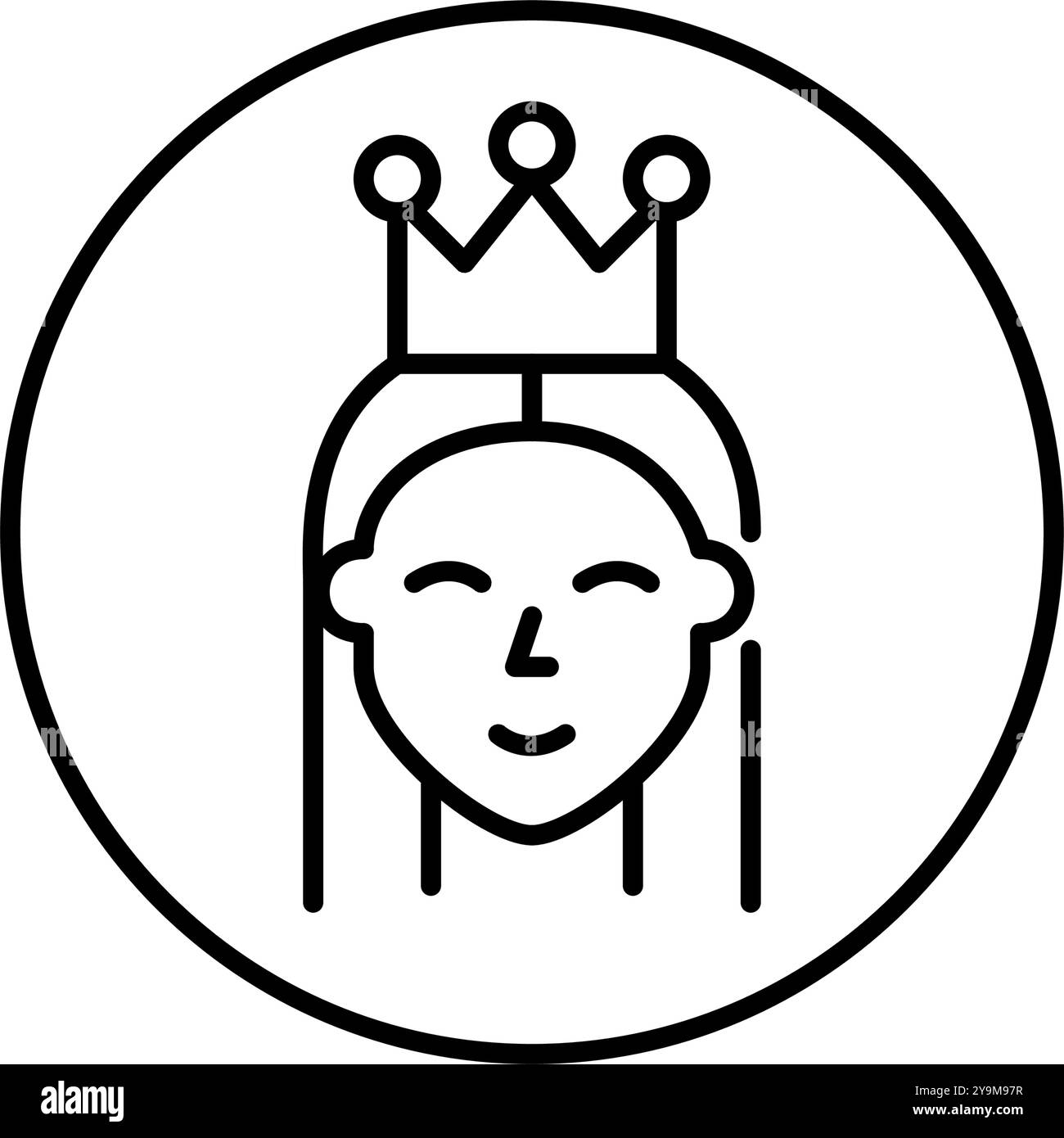 Elite-Benutzer. Weiblicher Benutzer-Avatar mit einer Krone, die ein hohes Maß an Engagement oder Beitrag repräsentiert. Pixelperfektes, bearbeitbares Konturvektorsymbol Stock Vektor