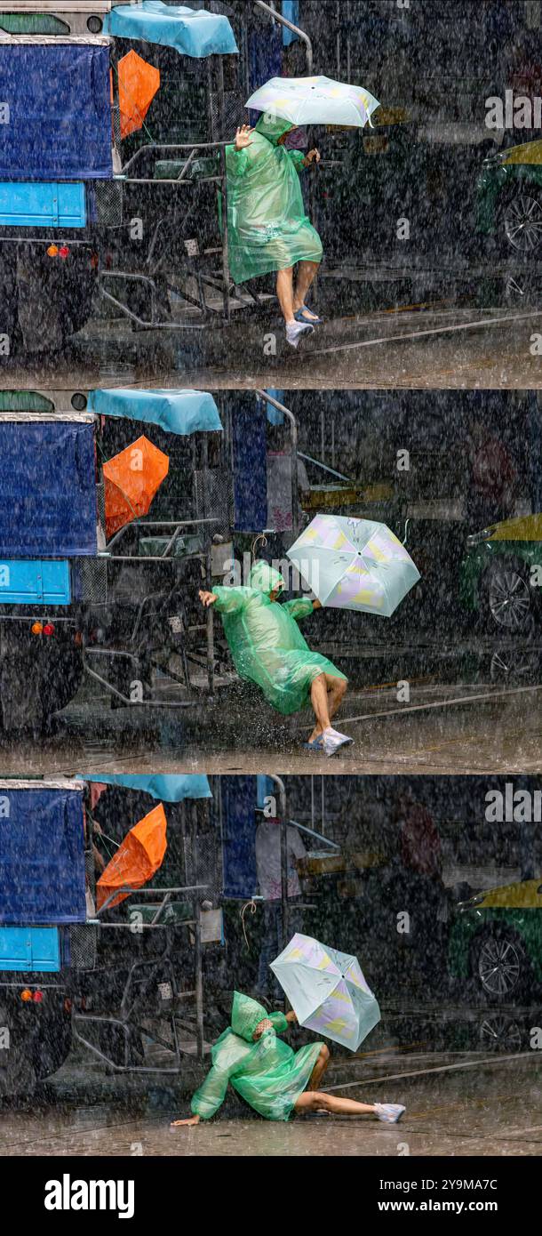 Sequenz von Fotos - authentische Szene, Ein Passagier rutscht aus, während er aus öffentlichen Verkehrsmitteln auf rutschigen Stufen im Regen steigt, Thailand Stockfoto