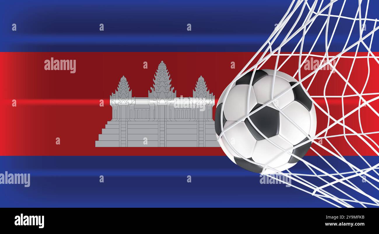 Fußball Fußball im Goal Net isoliert auf Kambodscha Schattierte Flagge, Sportzubehör Ausrüstung zum Spielen, Meisterschaft Stock Vektor