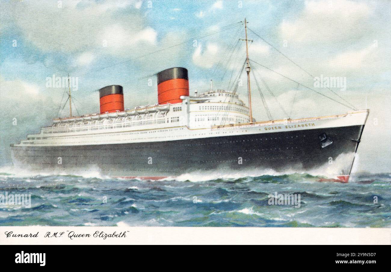 Vintage-Postkarte des Cunard-Ozeanschiffers RMS Queen Elizabeth auf See. Stockfoto