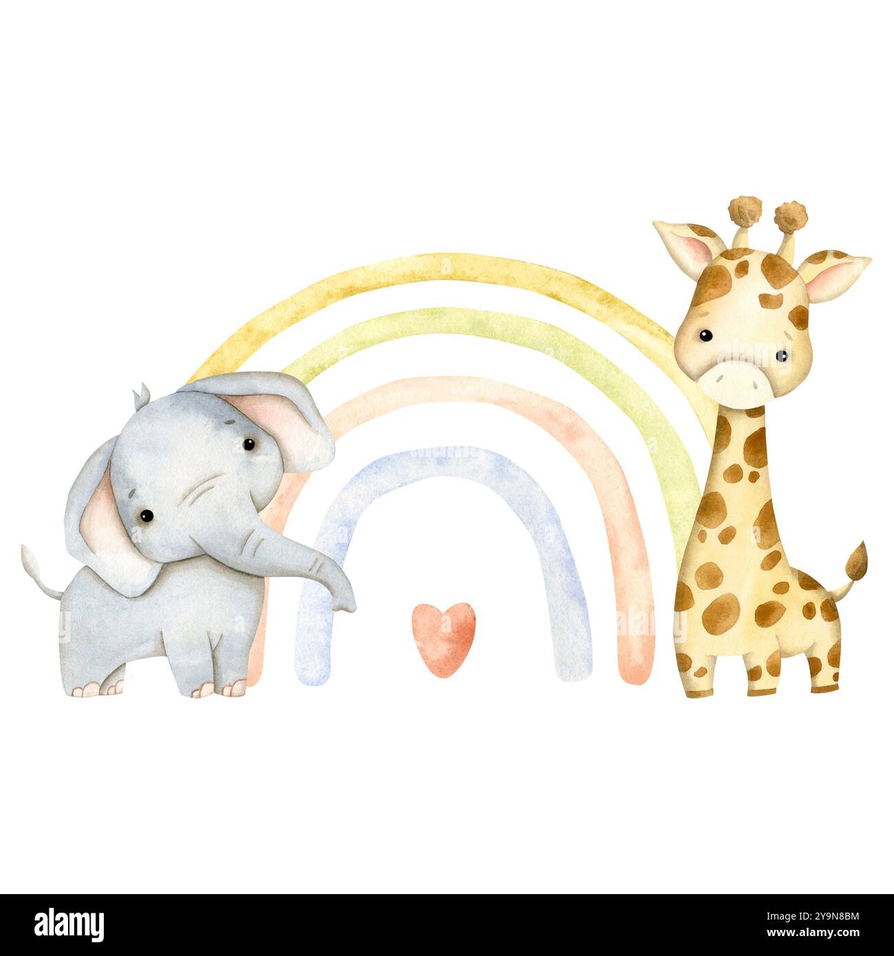 Handgezeichnete Safari Aquarellillustration mit Elefantenbaby, Giraffe und Regenbogen für Kinder Stockfoto