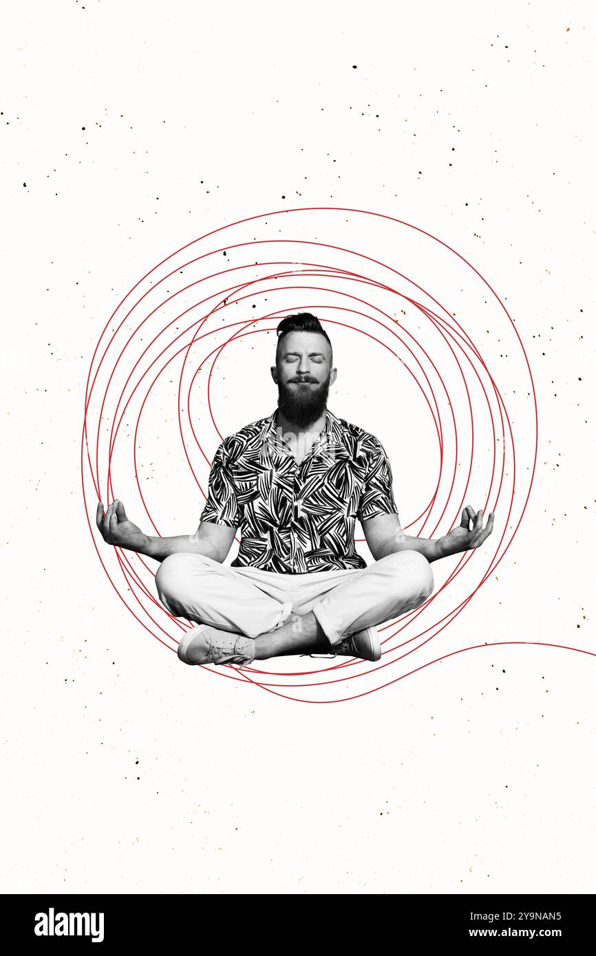 Vertikale Fotocollage von Serious man do Yoga Retreat Asana buddhismus om Ritual Harmony Fokus Lifestyle isoliert auf gemalten Hintergrund Stockfoto